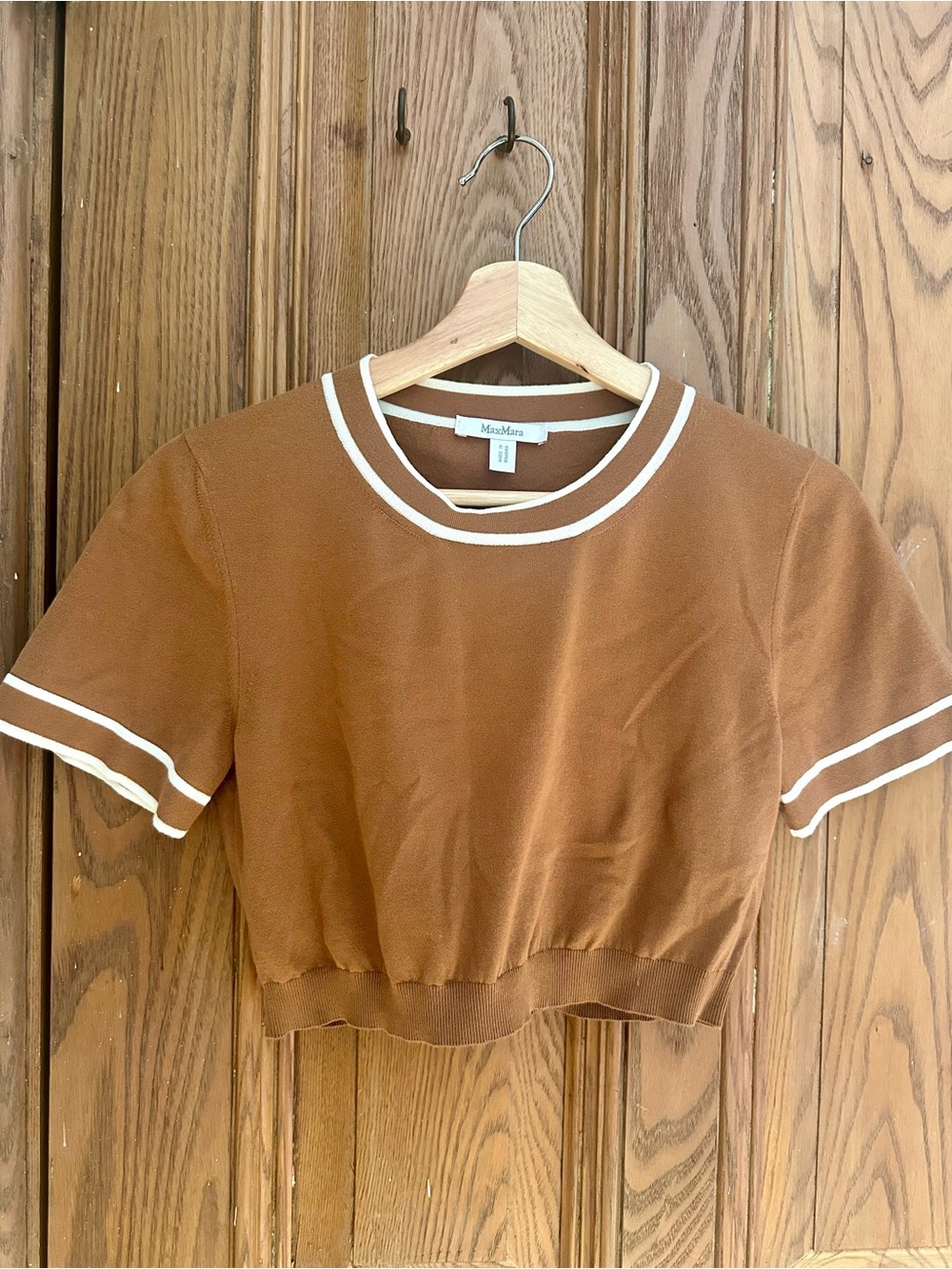 MaxMara Brown Crop Knit Top with White Trim